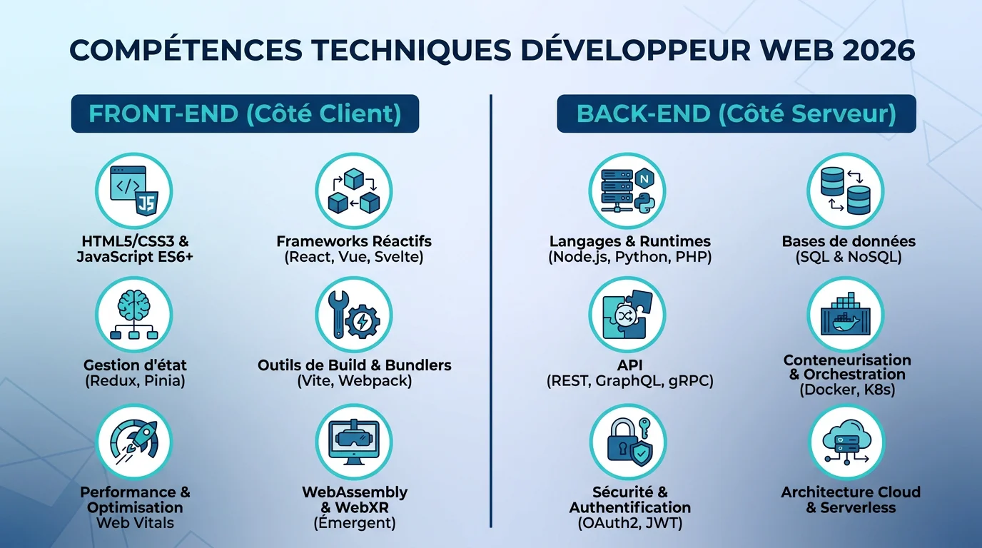 Infographie des compétences front-end et back-end pour un développeur web en alternance