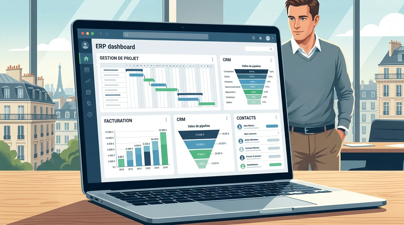 Tableau de bord ERP SaaS affiché sur un ordinateur portable dans un bureau professionnel en France