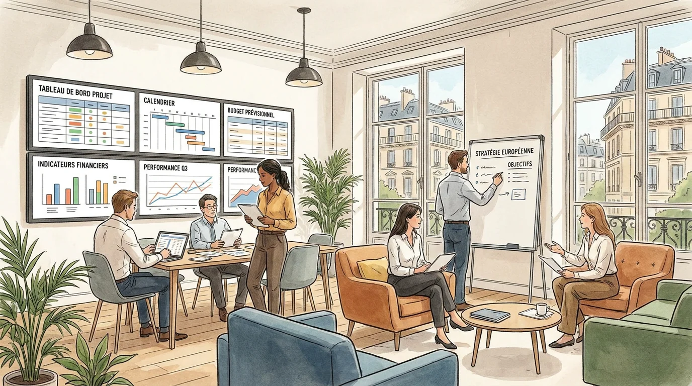 Équipe de consultants utilisant un ERP SaaS dans un espace de travail collaboratif en France
