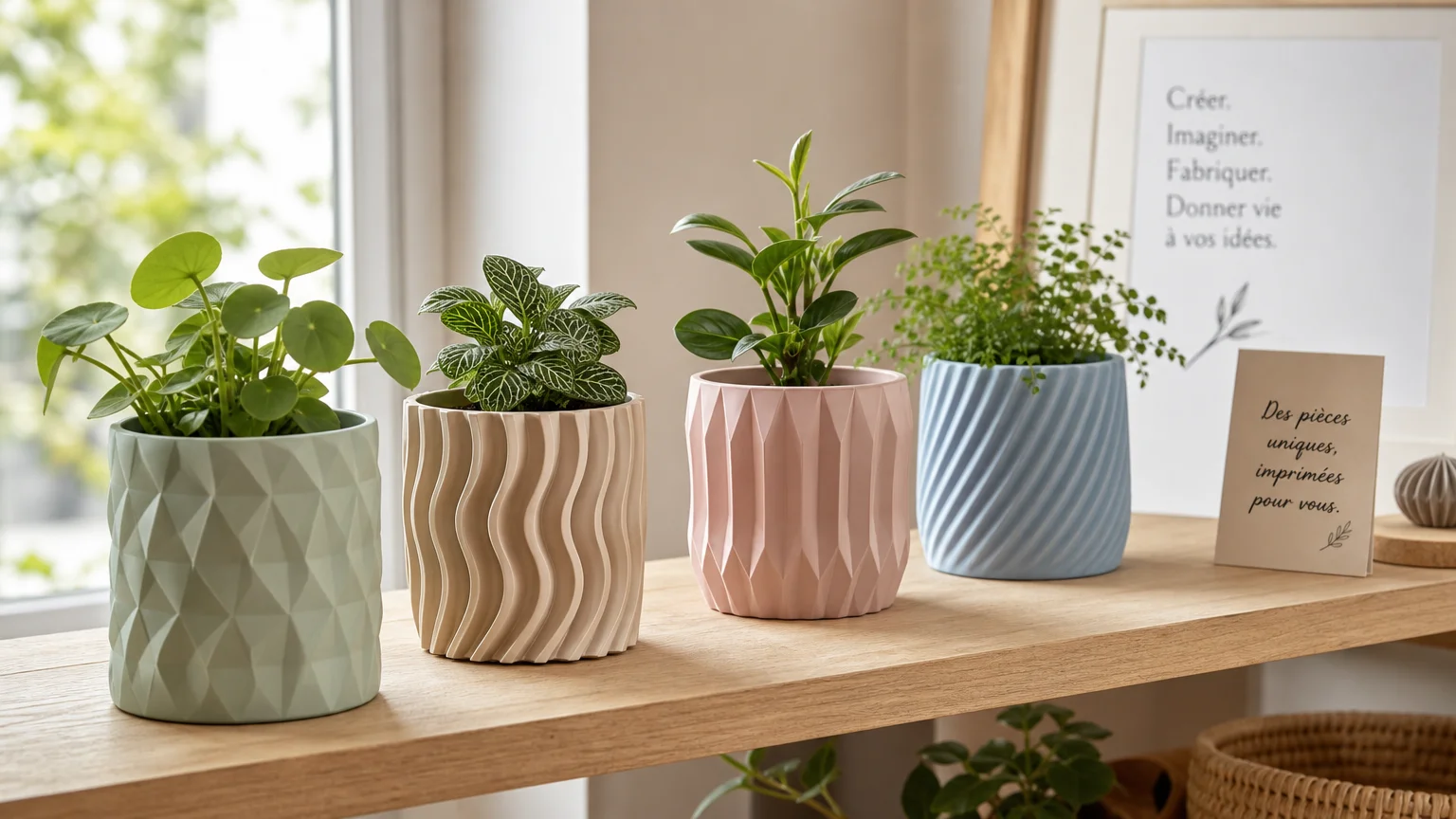 Cache-pots imprimés en 3D aux tons pastel posés sur une étagère avec des plantes vertes