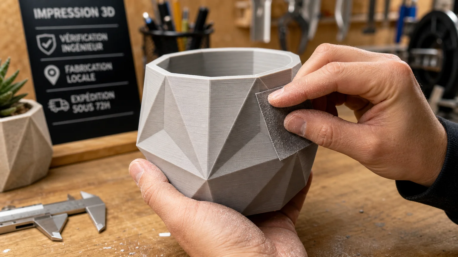 Ponçage d'un cache-pot géométrique imprimé en 3D sur un établi