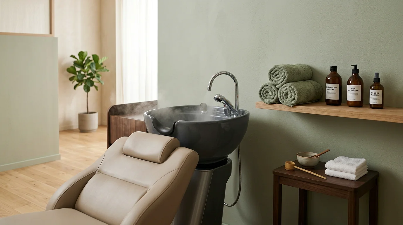 Station de head spa professionnelle dans un salon moderne et épuré