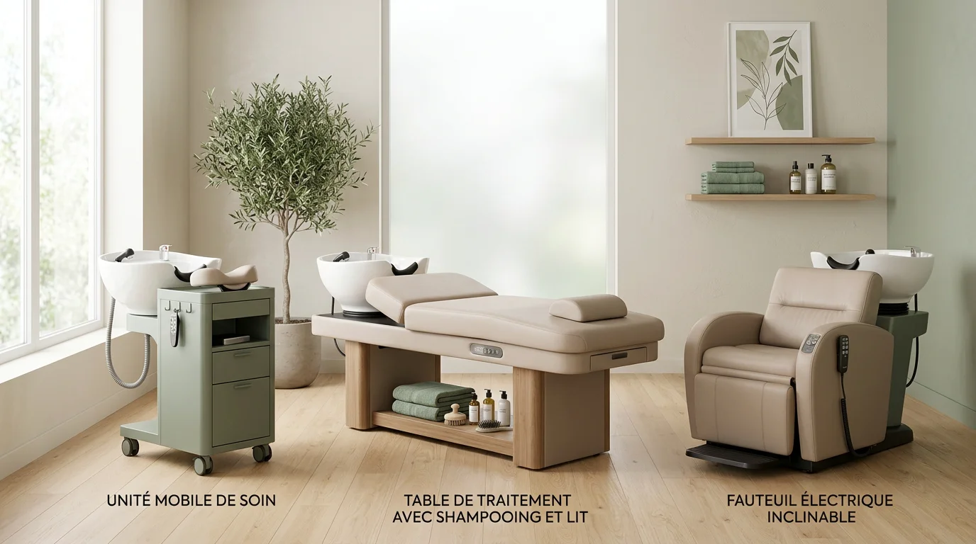 Trois types d'équipements de head spa professionnels dans un salon lumineux