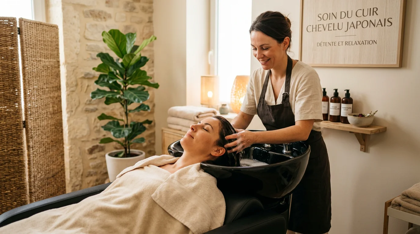 Cliente recevant un soin head spa japonais dans une cabine apaisante
