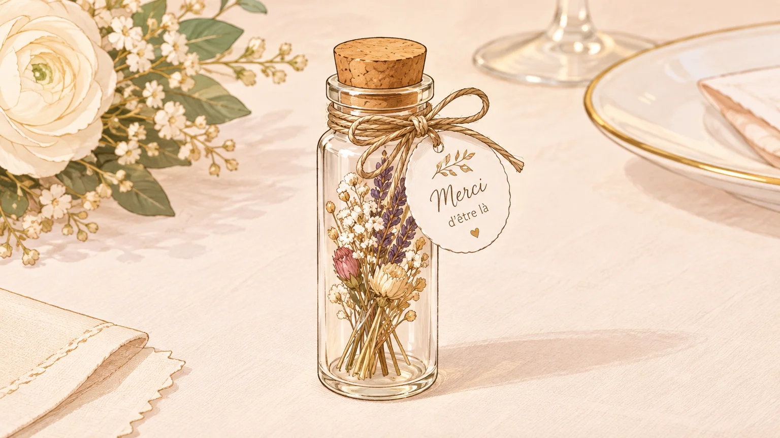 Illustrer une faveur de mariage décorative en fiole, avec des fleurs séchées et une personnalisation discrète.