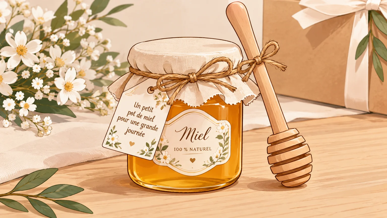 Illustrer un cadeau gourmand composé d’un petit pot de miel personnalisé et de sa cuillère en bois.