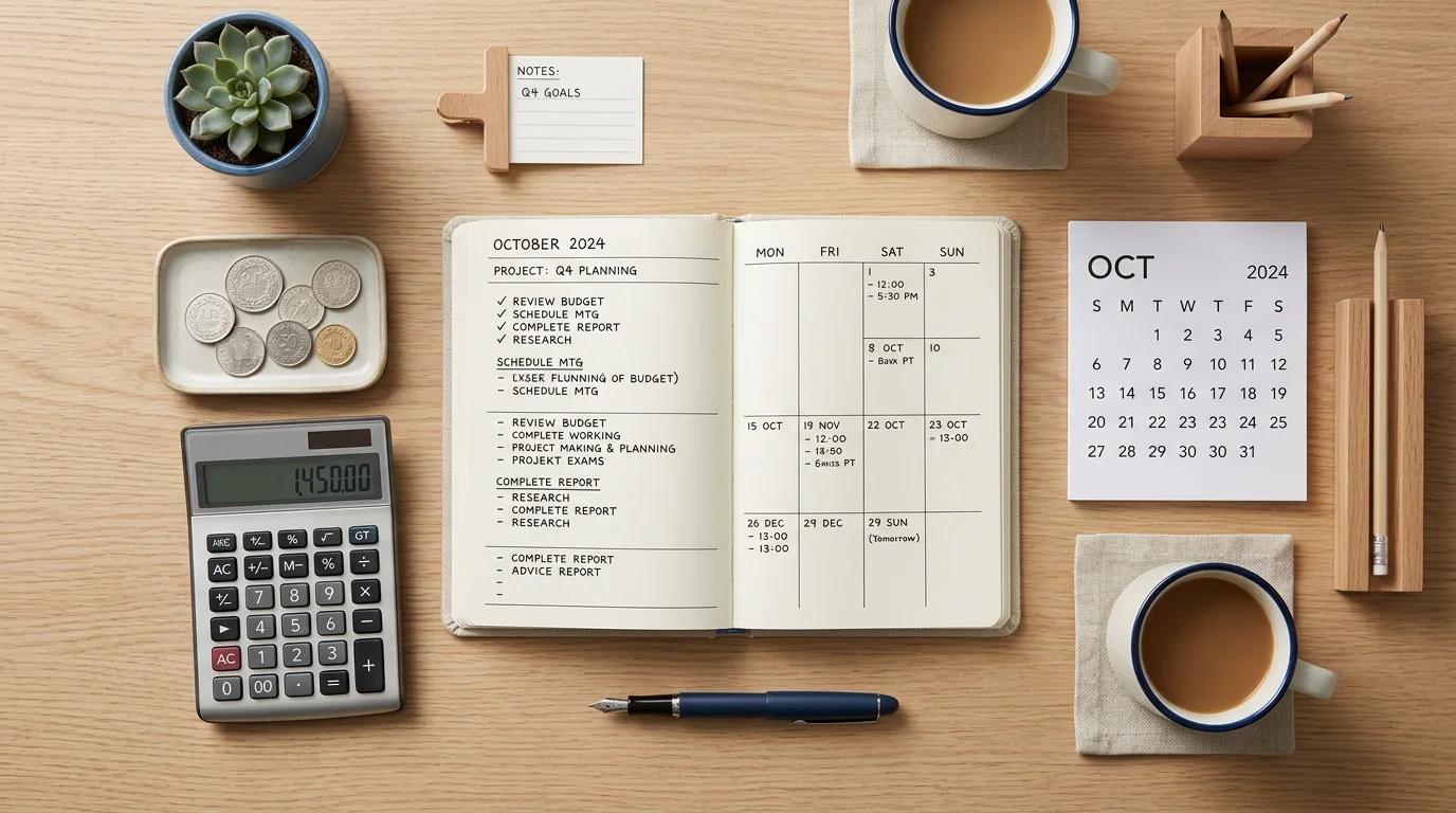 Planning desk with calendar and calculator for 2026 pension planning