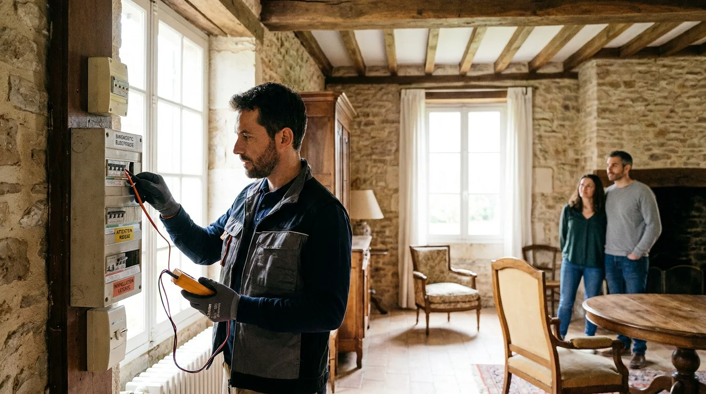 Diagnostiqueur immobilier inspectant une installation électrique dans une maison ancienne