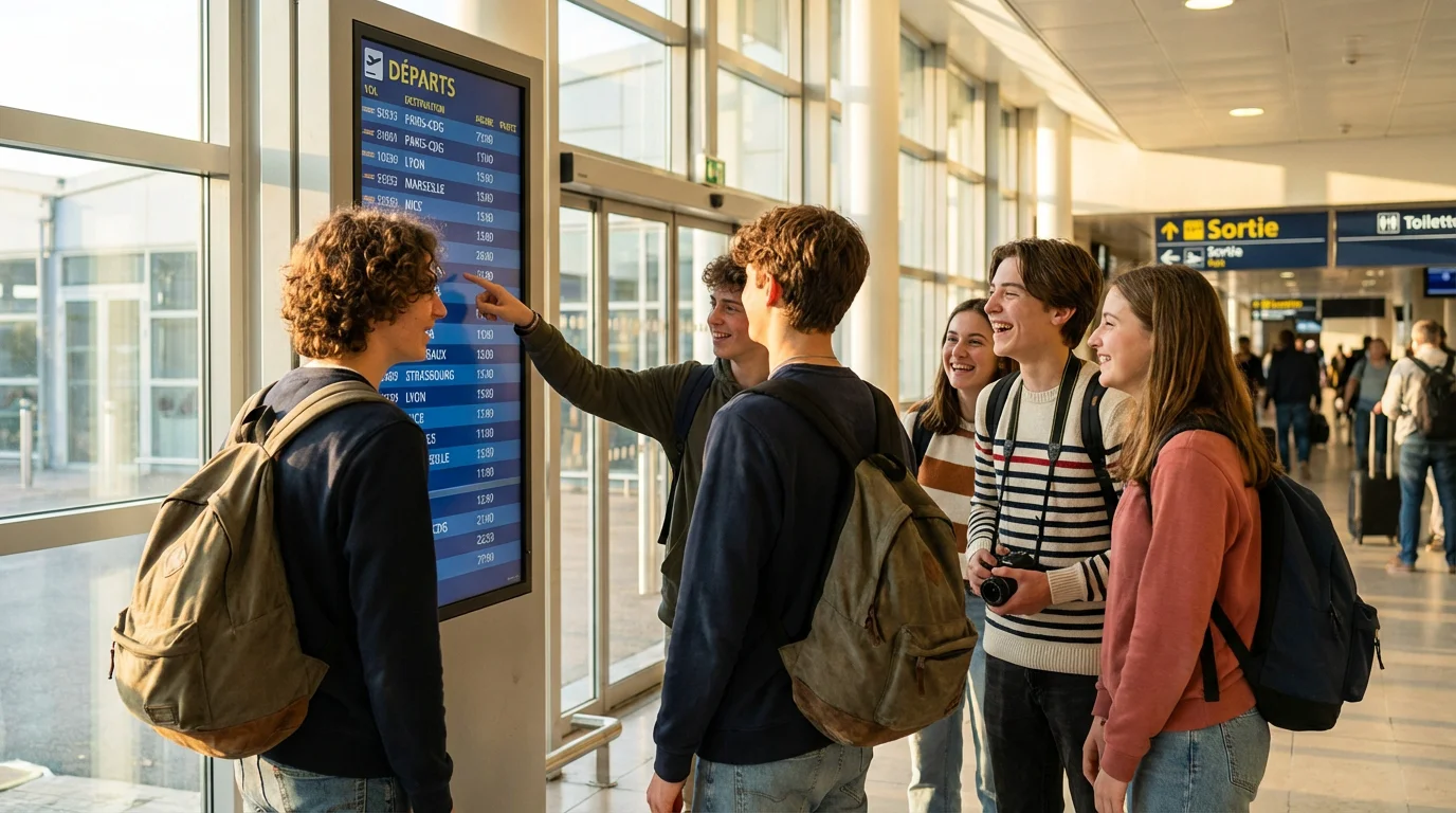 Groupe d'adolescents européens avec sacs à dos devant un panneau de départ à l'aéroport