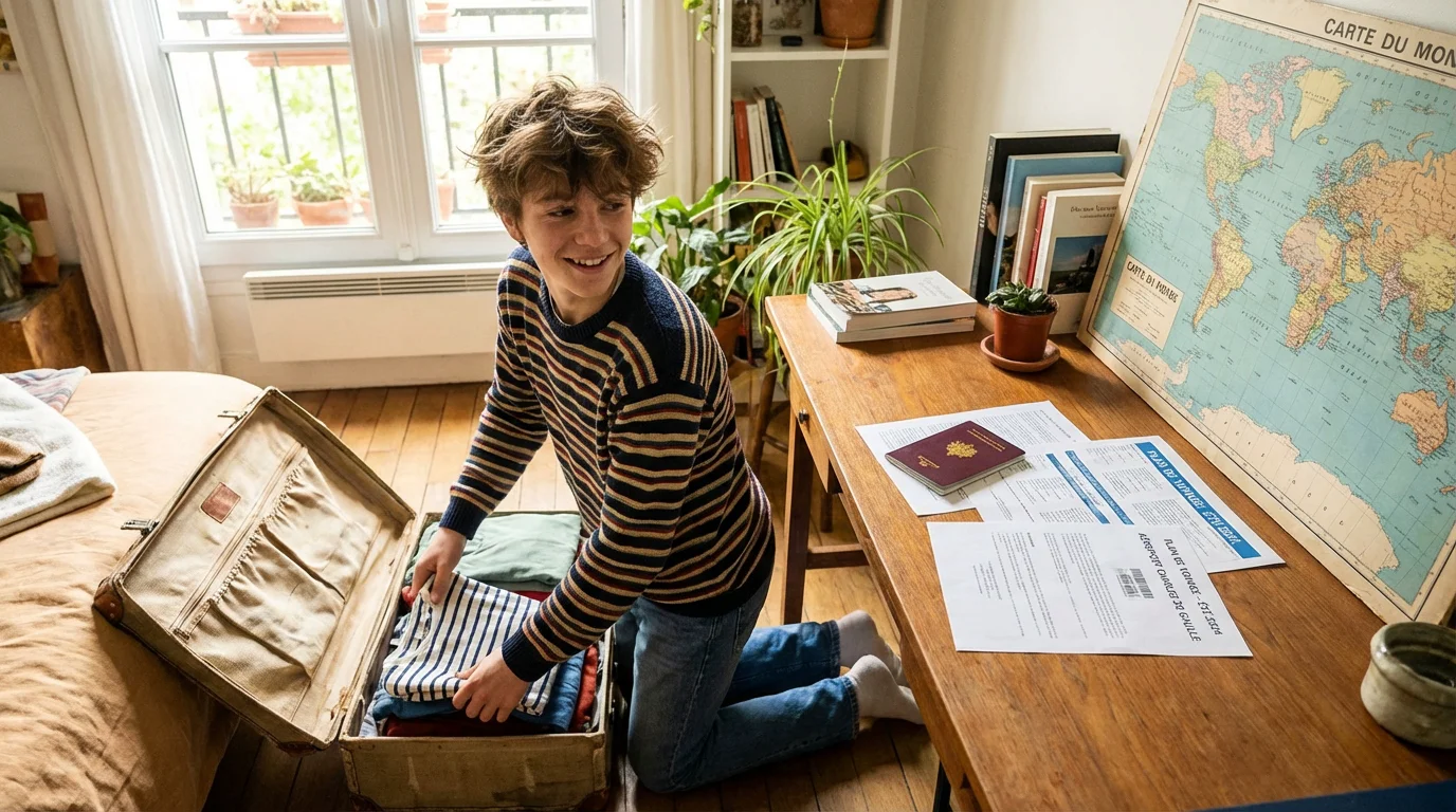 Adolescent européen préparant sa valise pour un séjour linguistique avec passeport et carte du monde