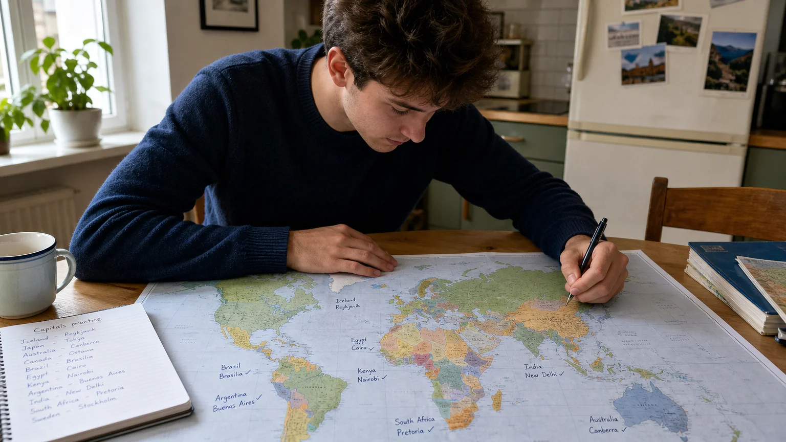 Student recalling country capitals while studying a world map
