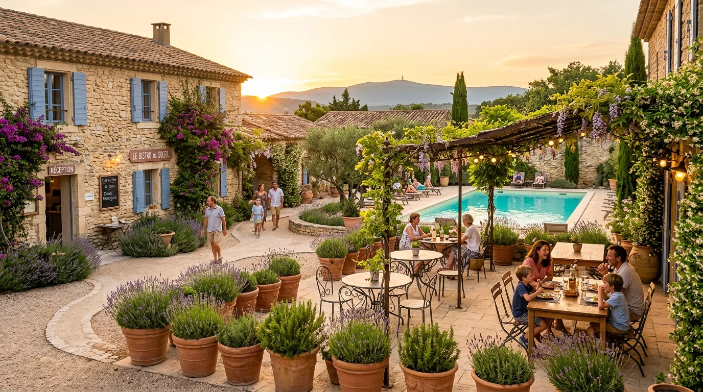 Cour d'un village vacances provençal dans le Luberon au coucher du soleil