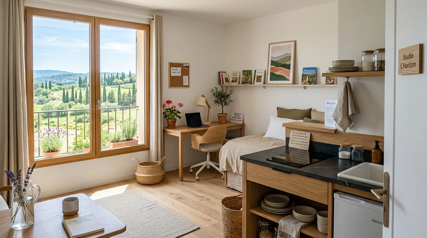 Studio lumineux avec kitchenette donnant sur un paysage du Luberon