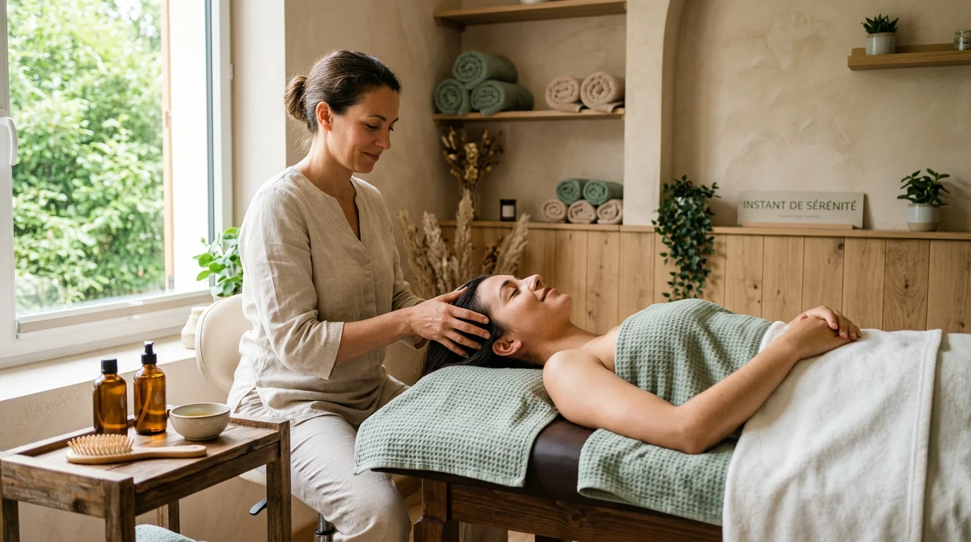Praticienne réalisant un soin Head Spa en cabine lors d'une formation