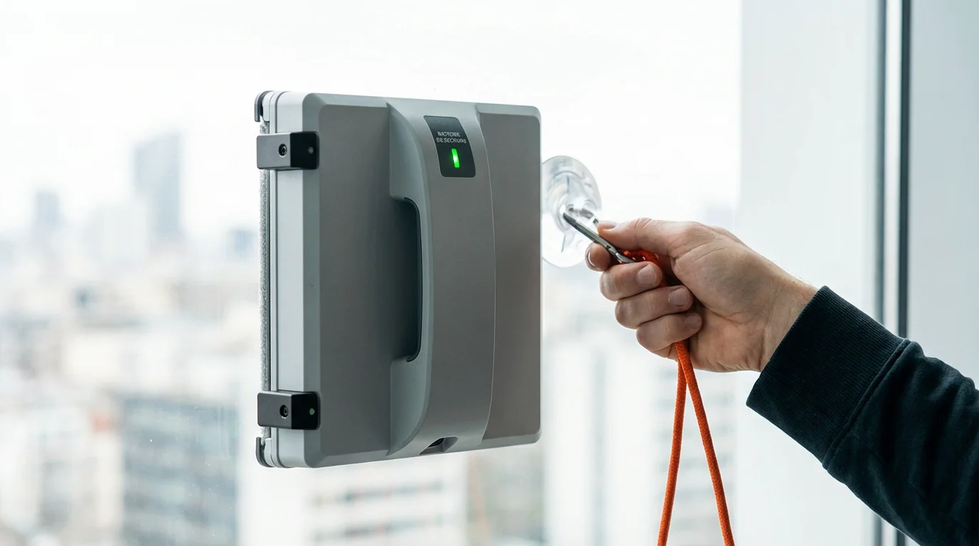 Gros plan sur les dispositifs de sécurité d'un robot lave vitre : corde, capteurs et batterie de secours