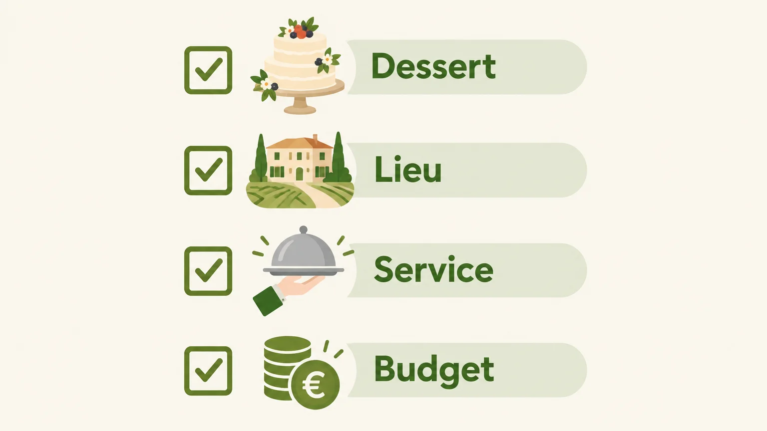 Checklist pour choisir un dessert de mariage selon le format, le lieu, le service et le budget