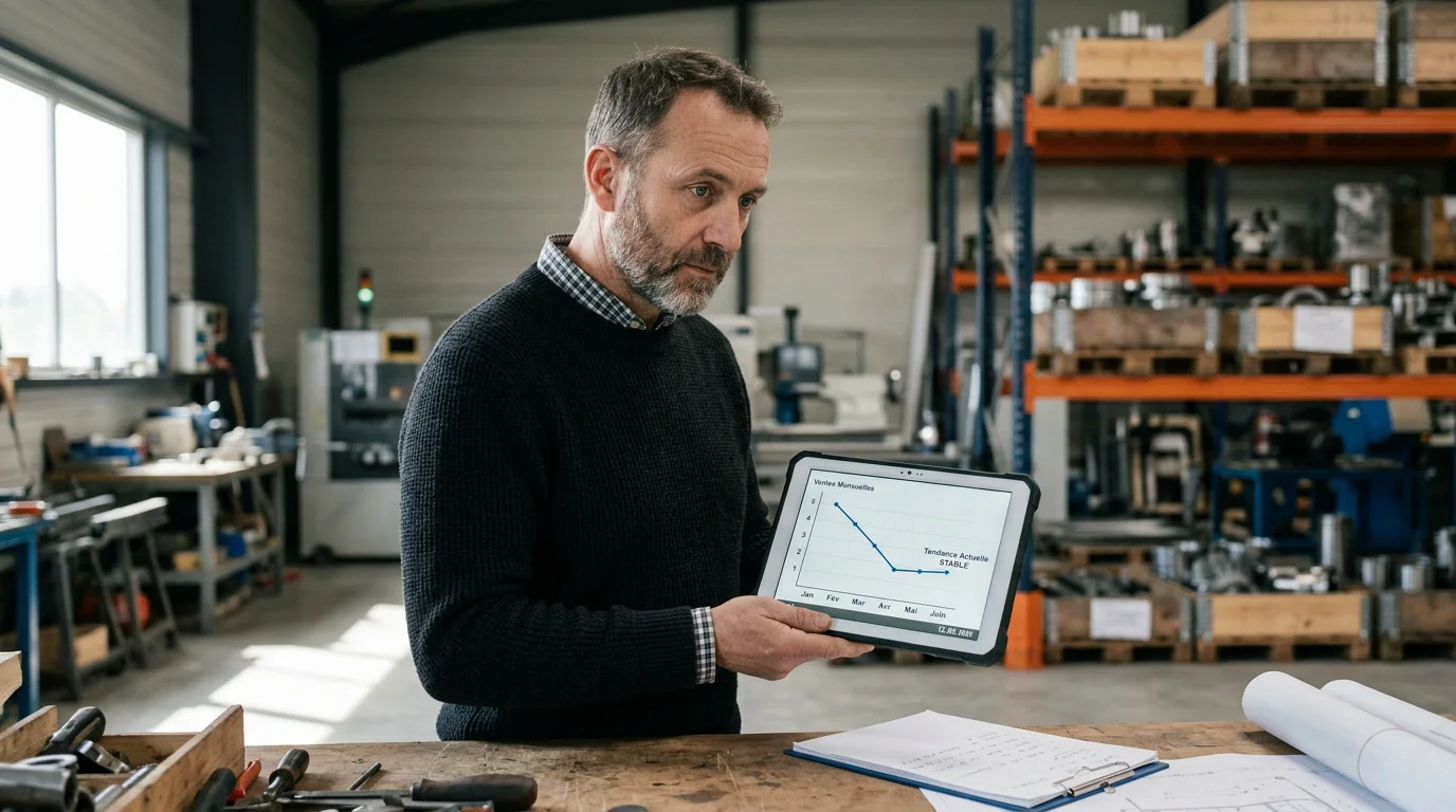 Dirigeant de PME analysant ses indicateurs de trésorerie sur une tablette