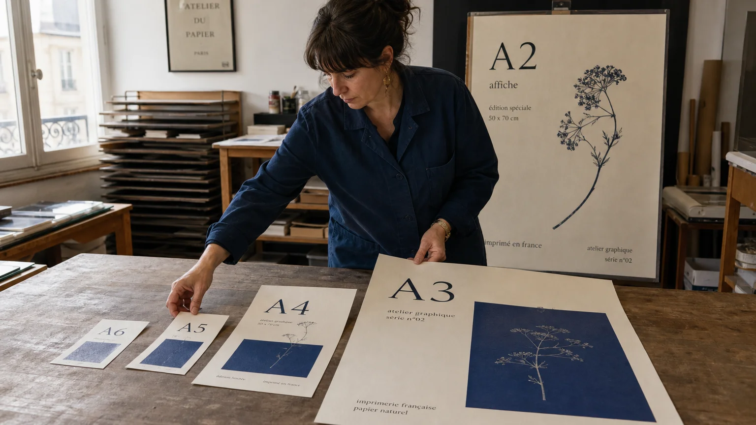 Professionnelle comparant plusieurs formats de papier dans un atelier d’impression