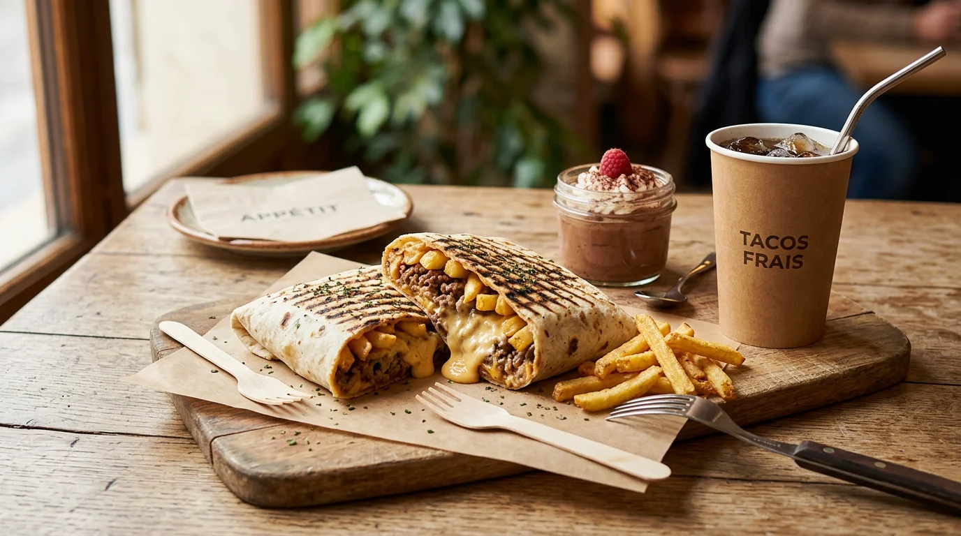 Menu tacos complet avec galette garnie, frites, boisson et dessert