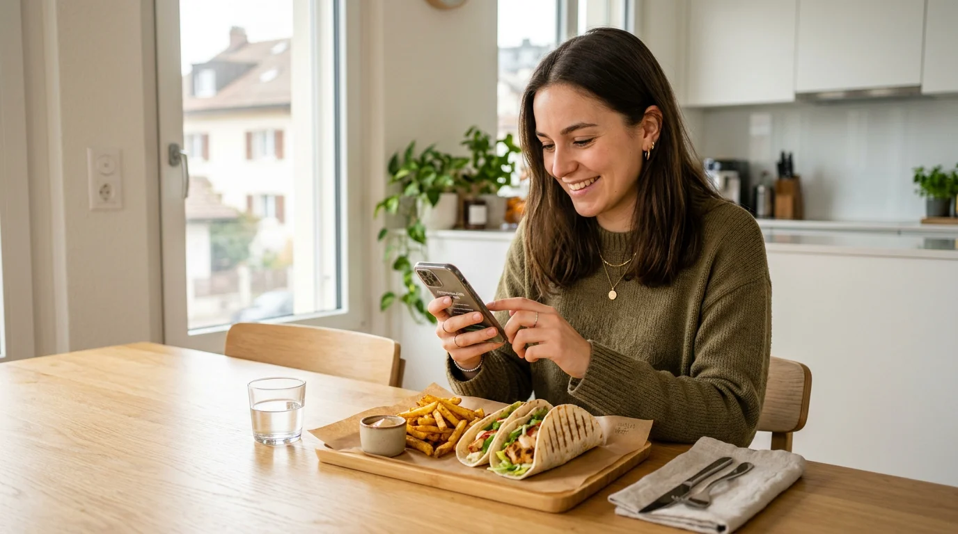 Personne composant son menu tacos en ligne sur smartphone