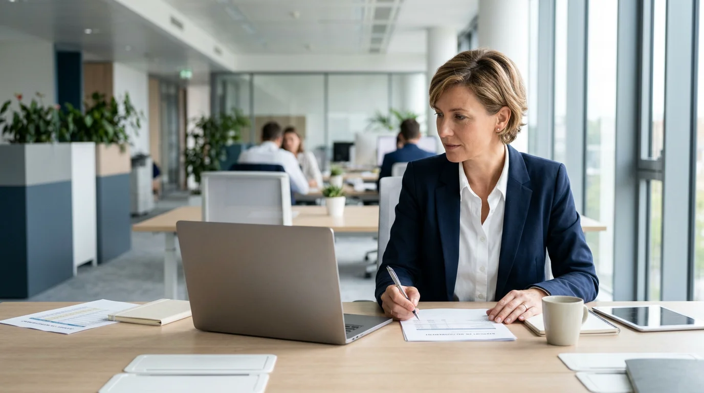 Responsable financier européen examinant des factures impayées dans un bureau moderne