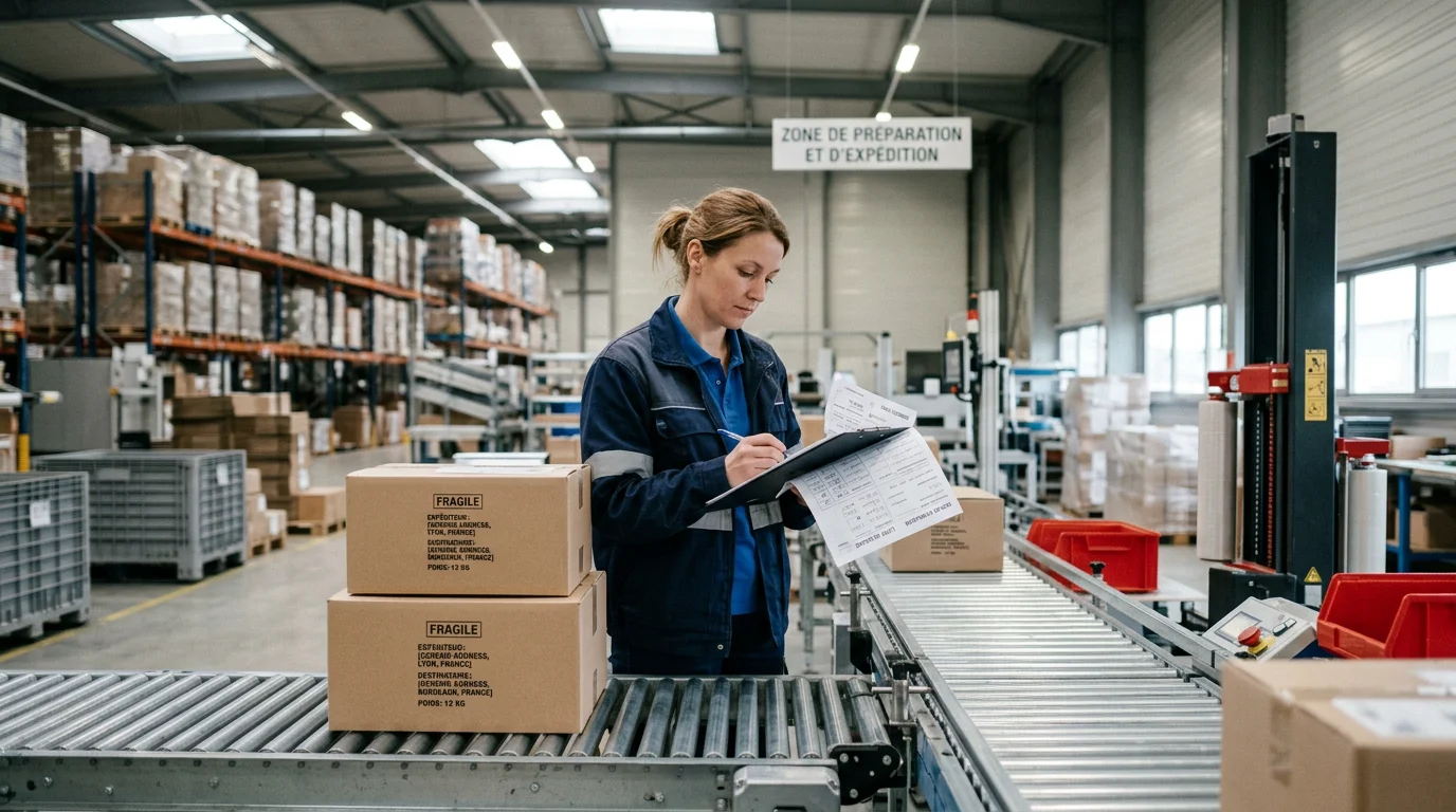 Opérateur logistique européen contrôlant une livraison sur une chaîne d'expédition