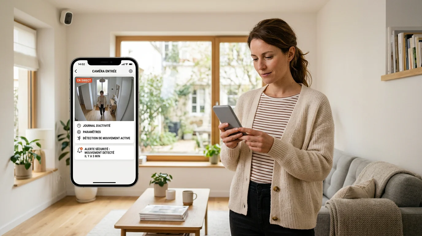 Femme consultant sur smartphone les images d'une caméra WiFi reliée à son alarme sans fil