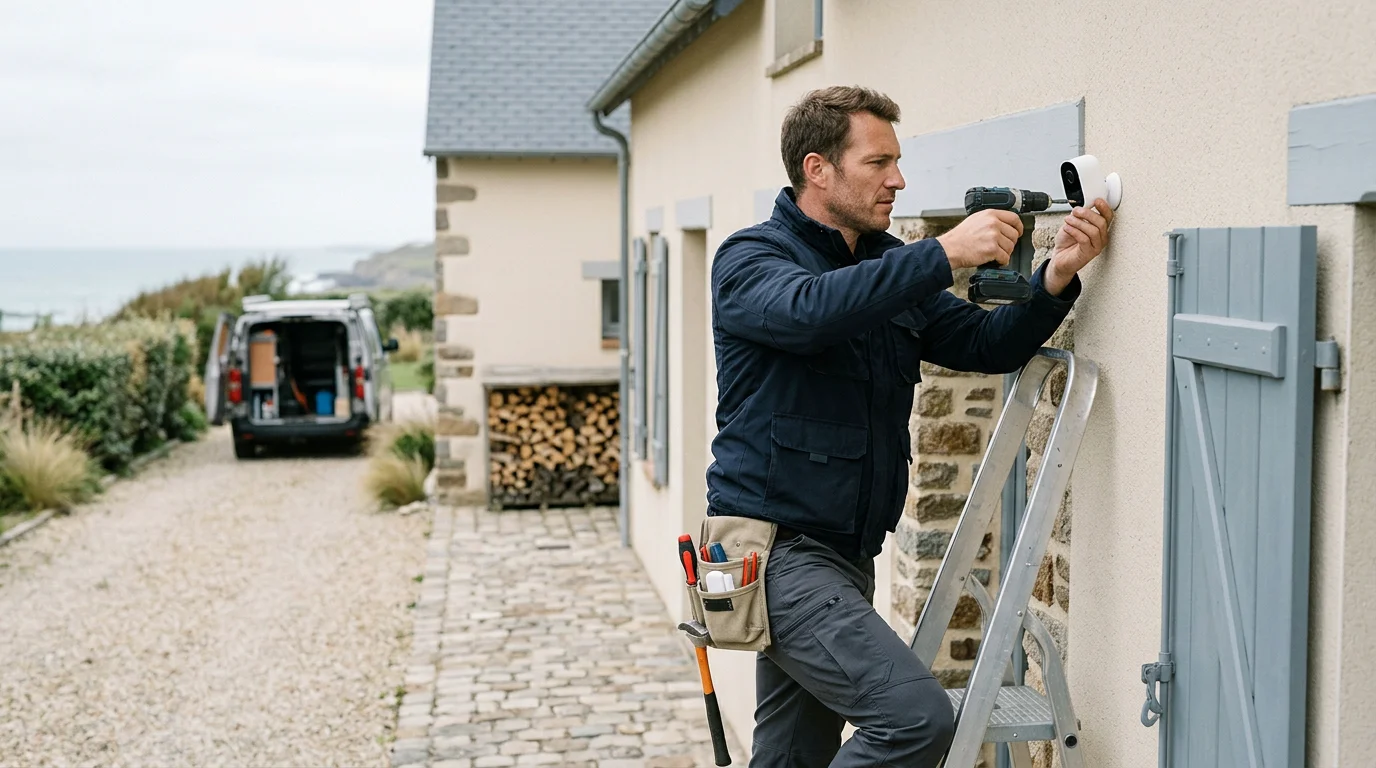 Technicien installant une caméra WiFi sans fil sur la façade d'une maison