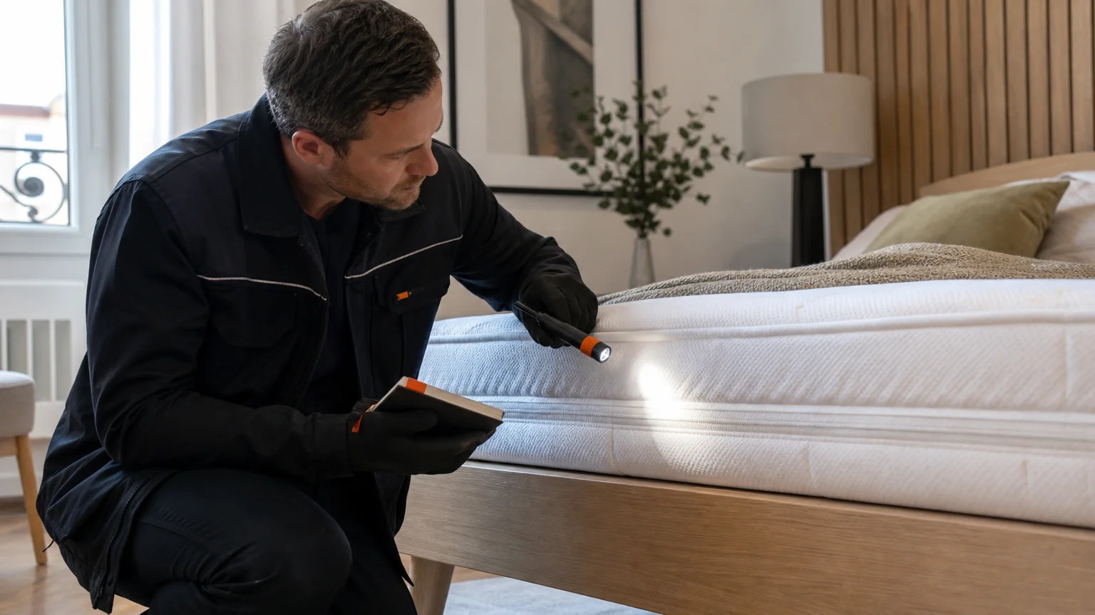 Inspection minutieuse d’un matelas pour repérer des punaises de lit