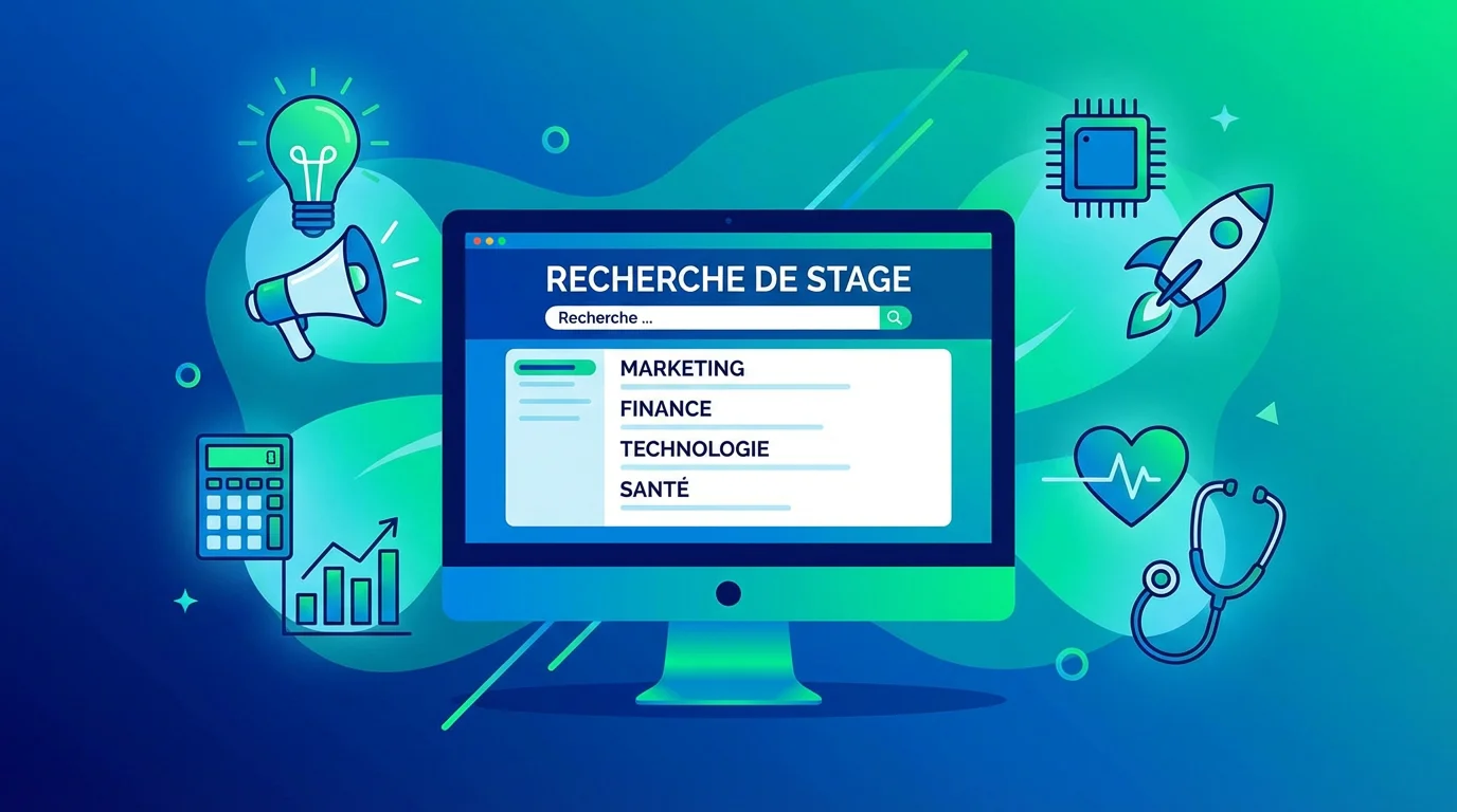 Écran de recherche d'offres de stage avec icônes de secteurs professionnels