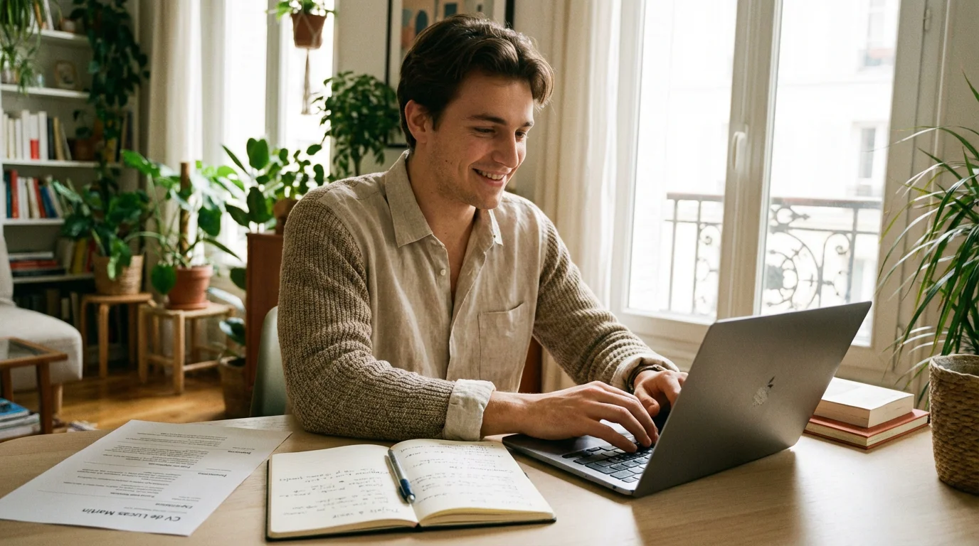 Étudiant préparant son CV et sa candidature de stage sur son bureau