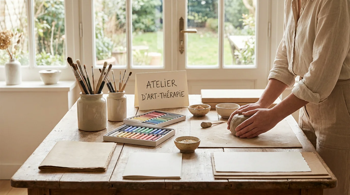 Atelier d'art-thérapie avec mains modelant de l'argile dans un cadre professionnel lumineux