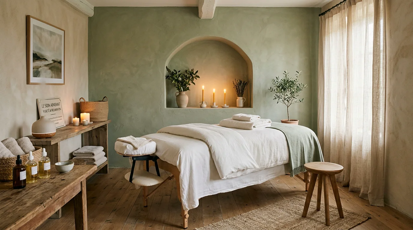 Cabine de massage holistique apaisante avec table et lumière douce
