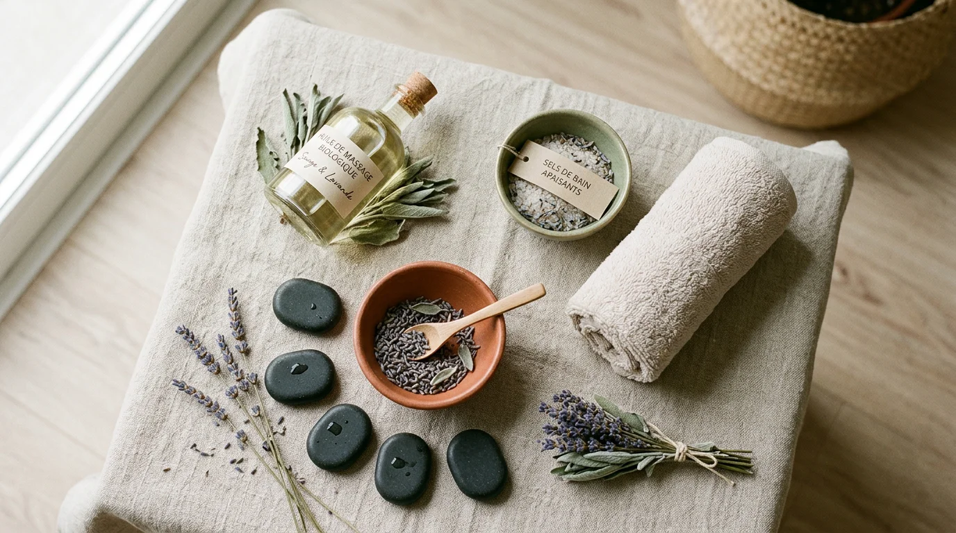 Accessoires de massage holistique disposés sur du lin naturel
