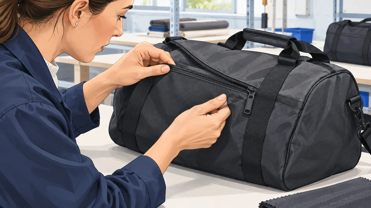 Contrôle de la matière et des coutures d’un sac de sport