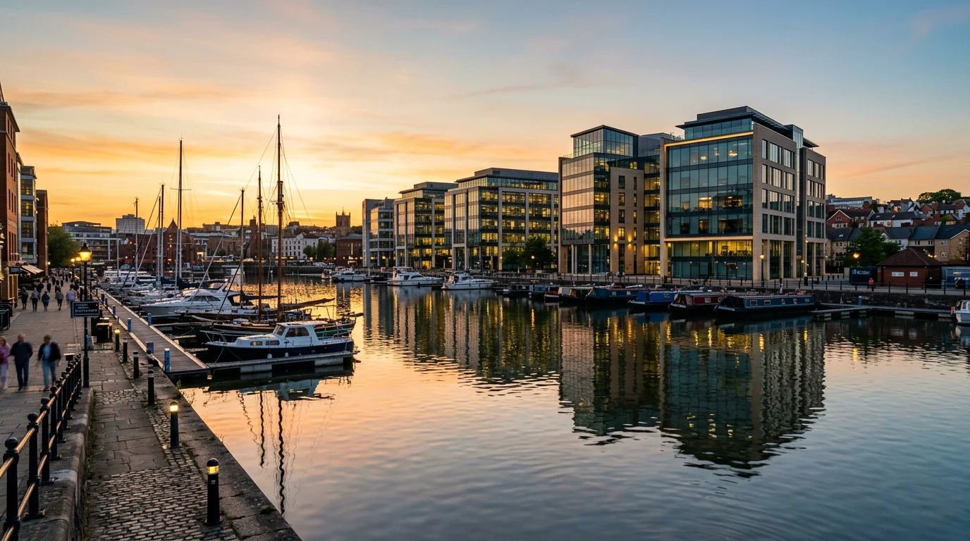 Modern office buildings along the Bristol harbourside at sunset