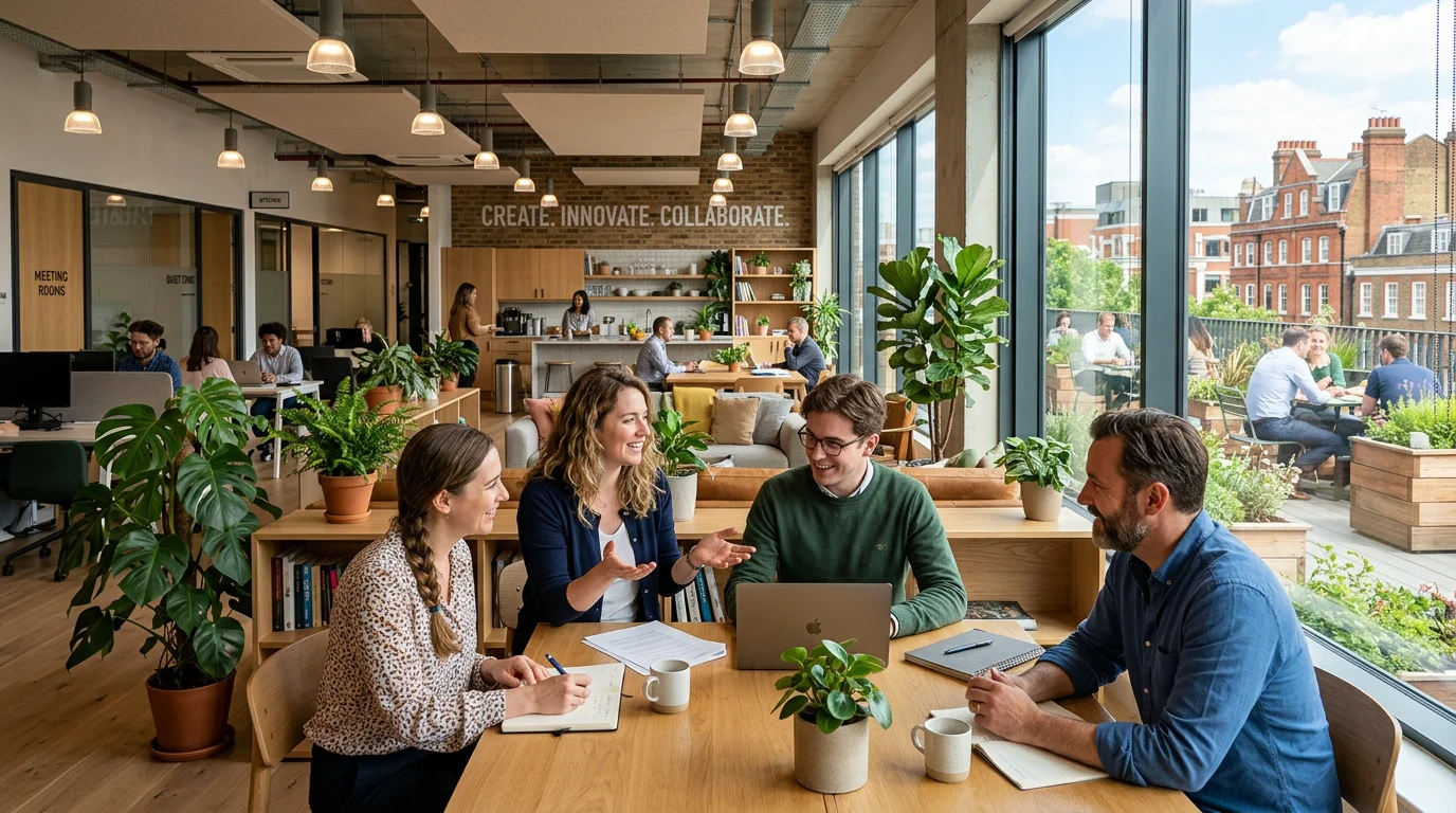 Professionals working in a bright modern coworking space with a roof terrace