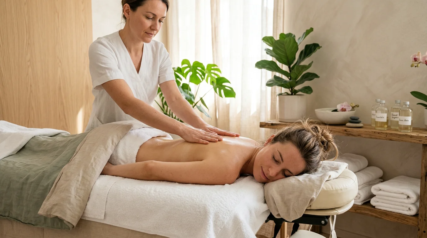 Femme recevant un soin de massage du dos dans un institut de bien-être