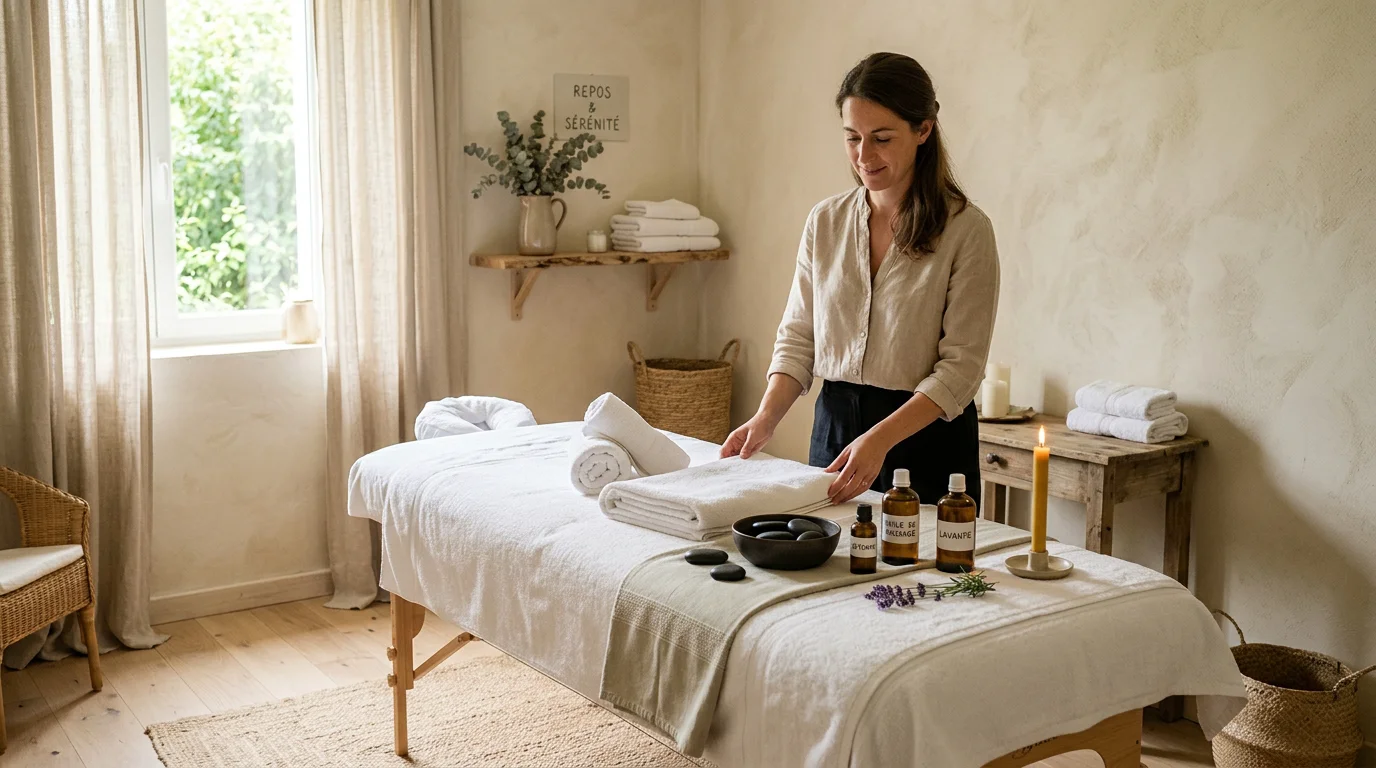 Cabine de massage apaisante avec huiles essentielles et lumière tamisée