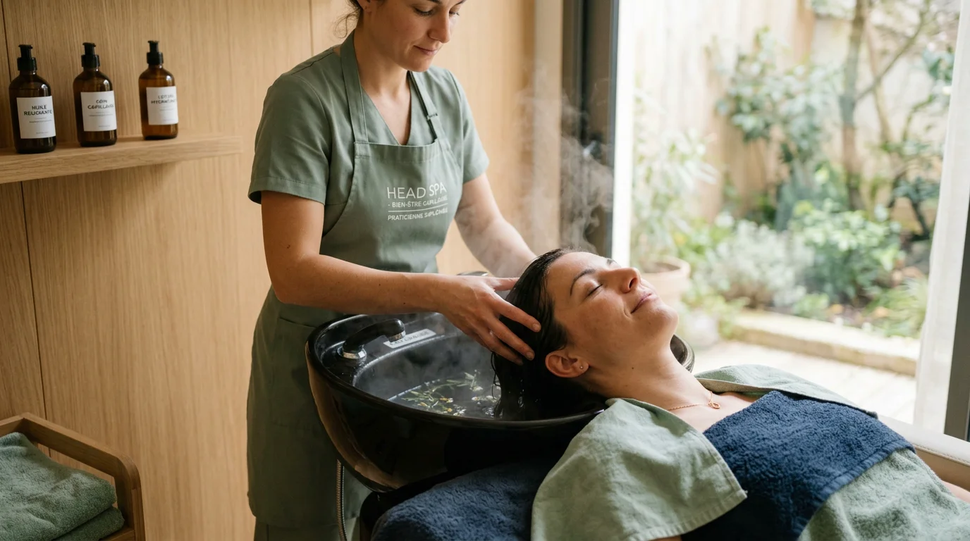 Soin Head Spa avec massage du cuir chevelu dans une ambiance zen