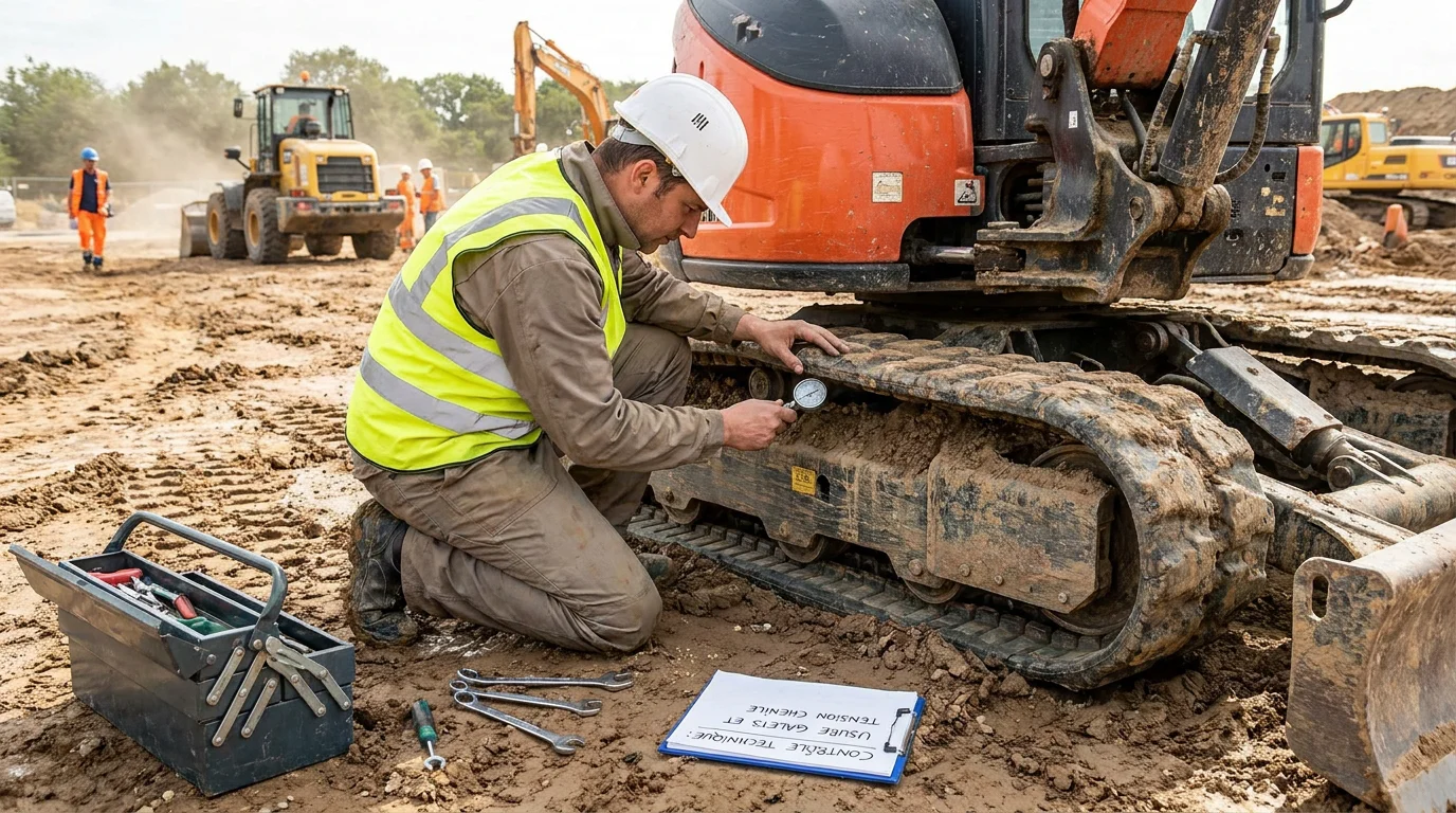 Technicien inspectant les galets et la chenille d'une mini-pelle sur un chantier