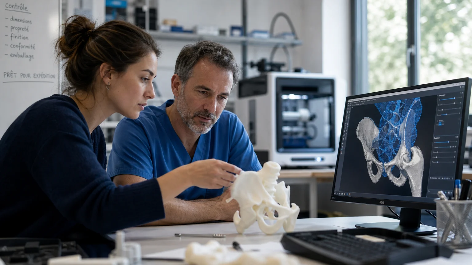 Professionnels examinant un modèle anatomique imprimé en 3D