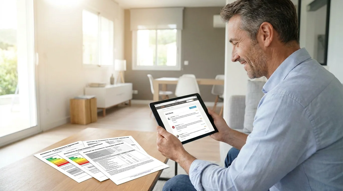 Propriétaire consultant des avis clients sur un diagnostiqueur immobilier depuis sa tablette