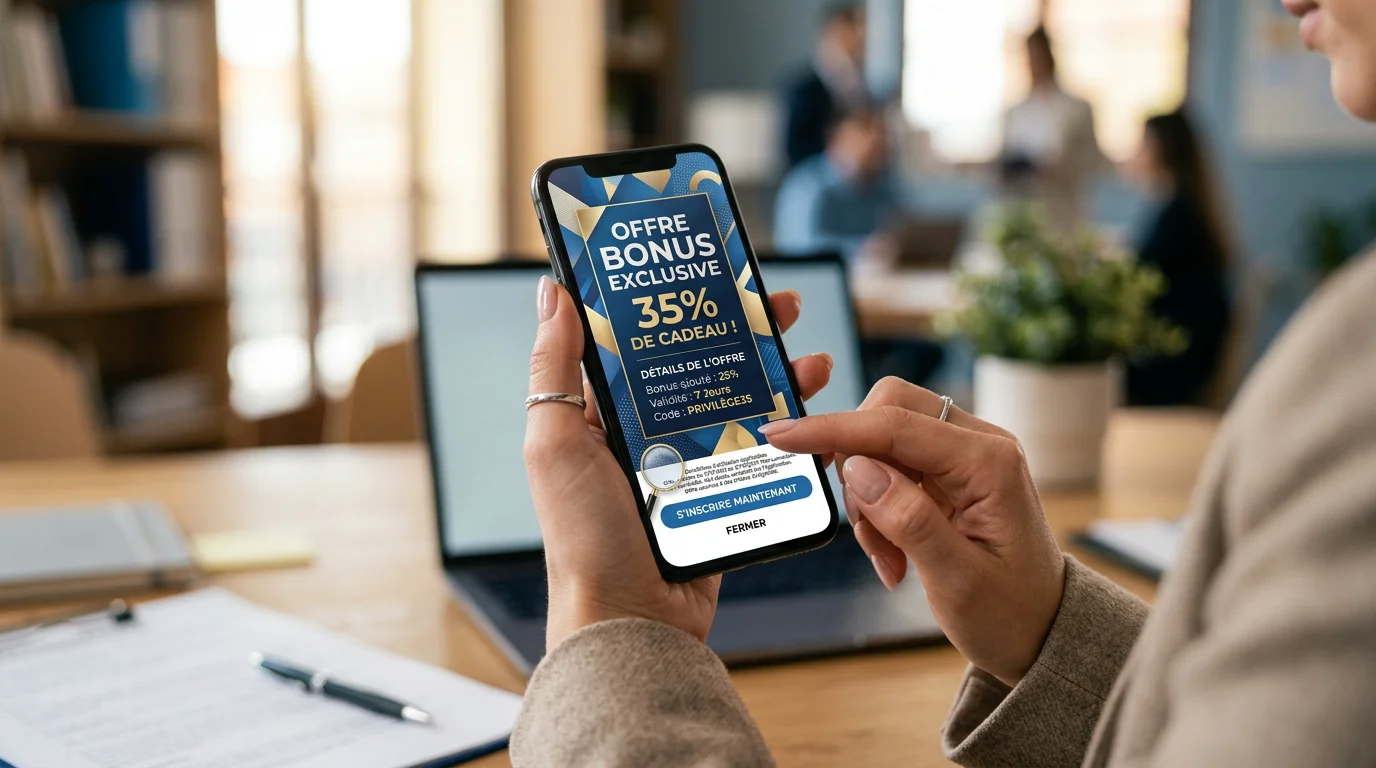 Personne examinant les conditions de mise d'un bonus de casino sur smartphone