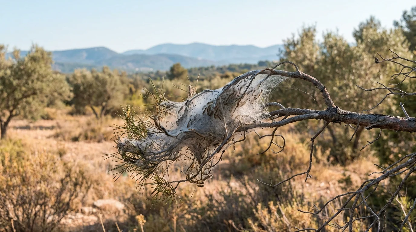 Nid de soie de chenilles processionnaires sur une branche de pin dans le sud de la France