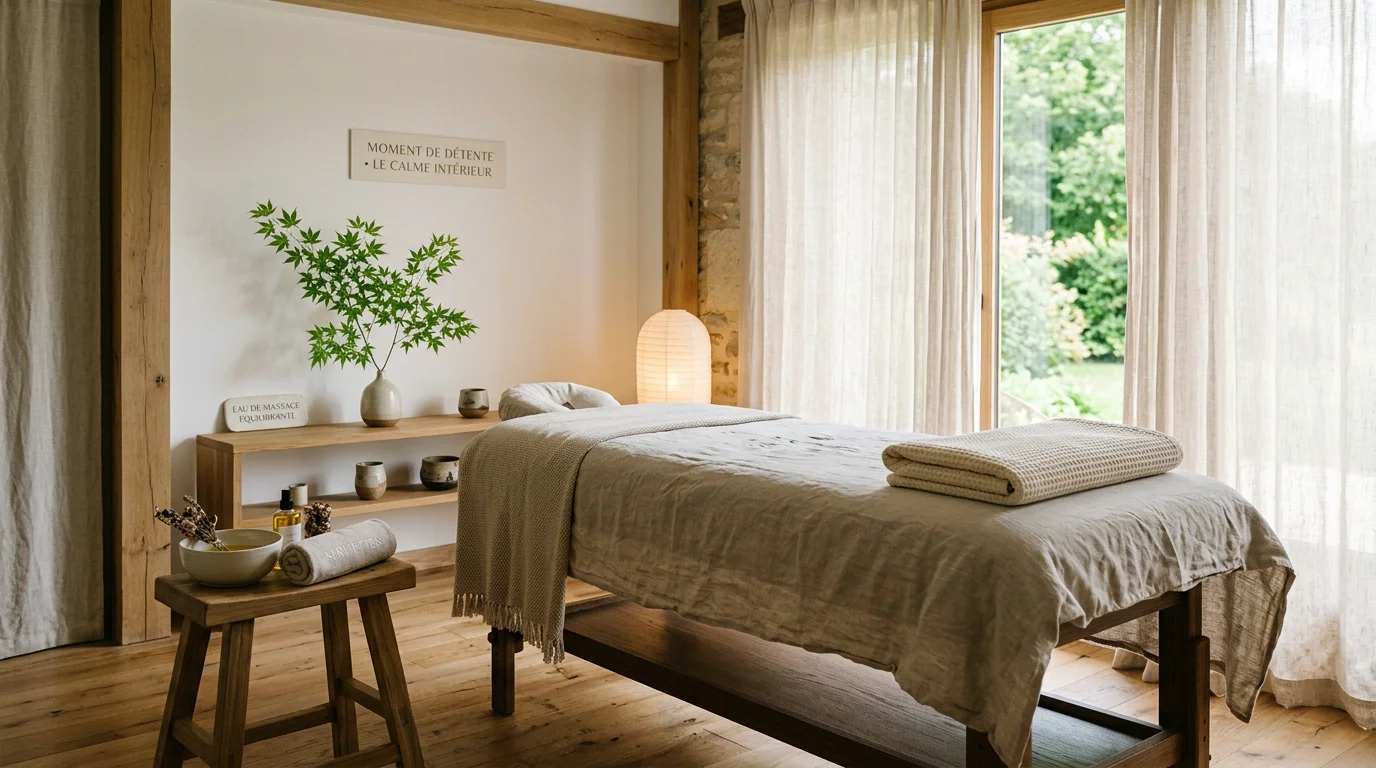 Cabine de massage épurée et lumineuse dans un institut de bien-être haut de gamme