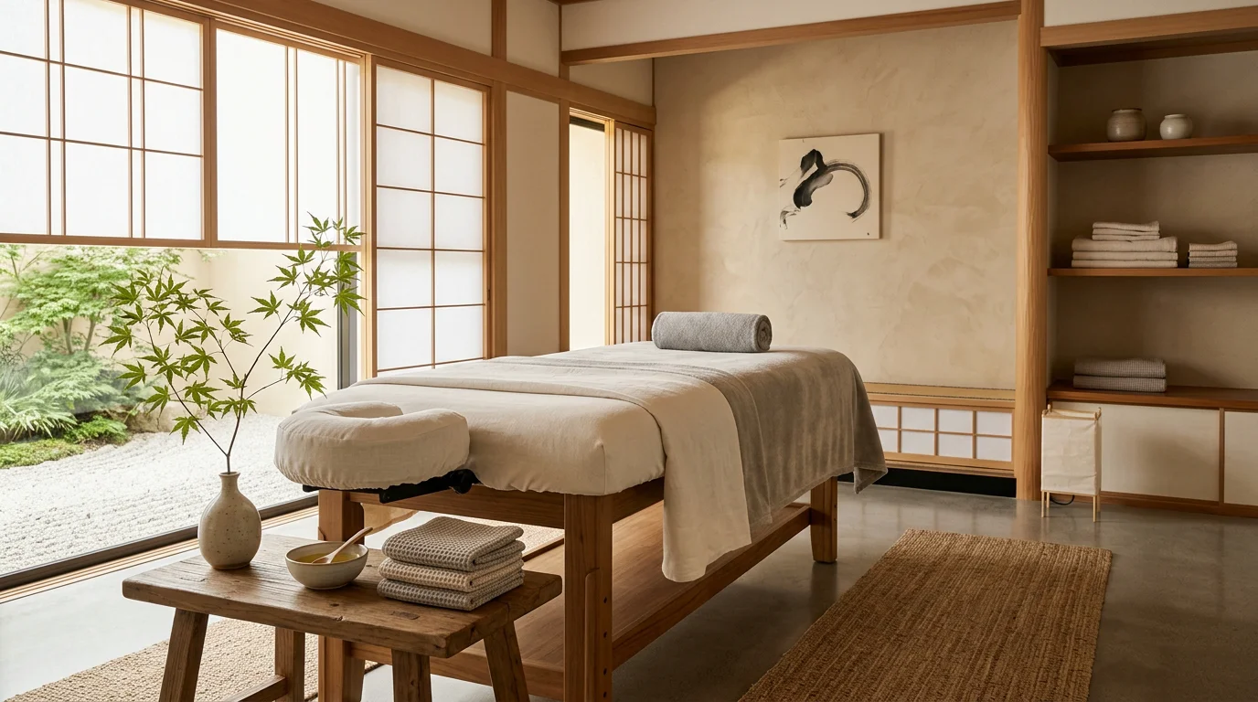 Cabine de massage épurée d'inspiration japonaise dans un institut de bien-être