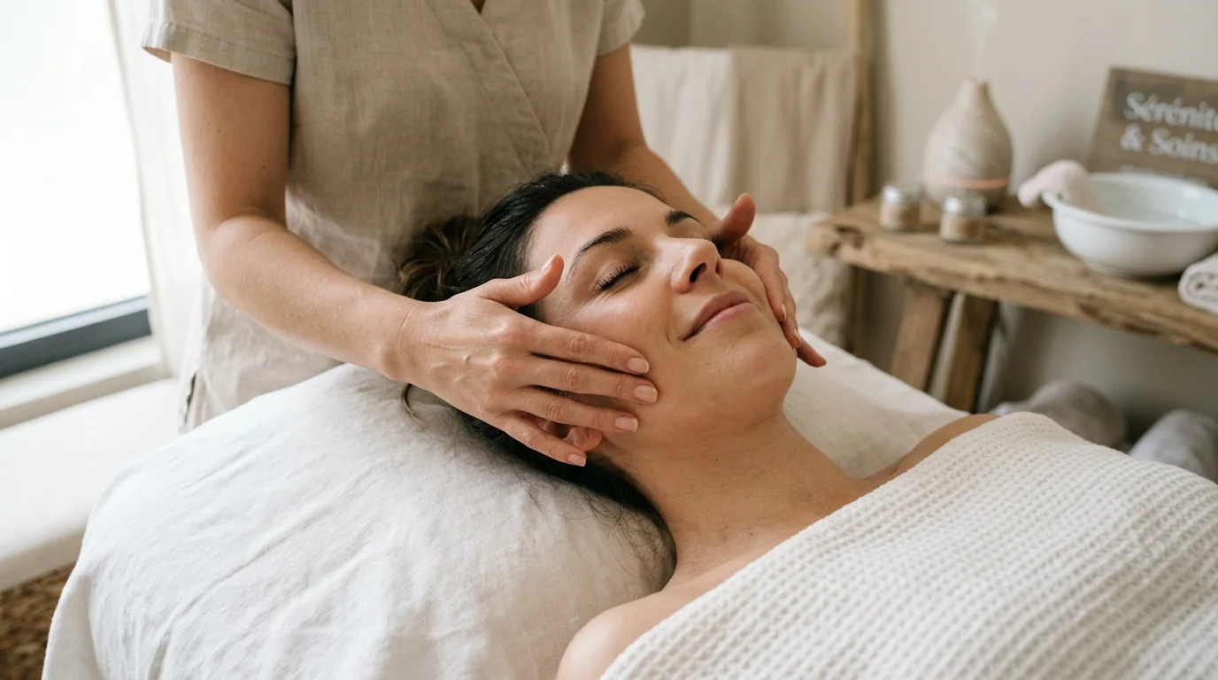 Femme recevant un massage du visage de type Kobido dans un institut