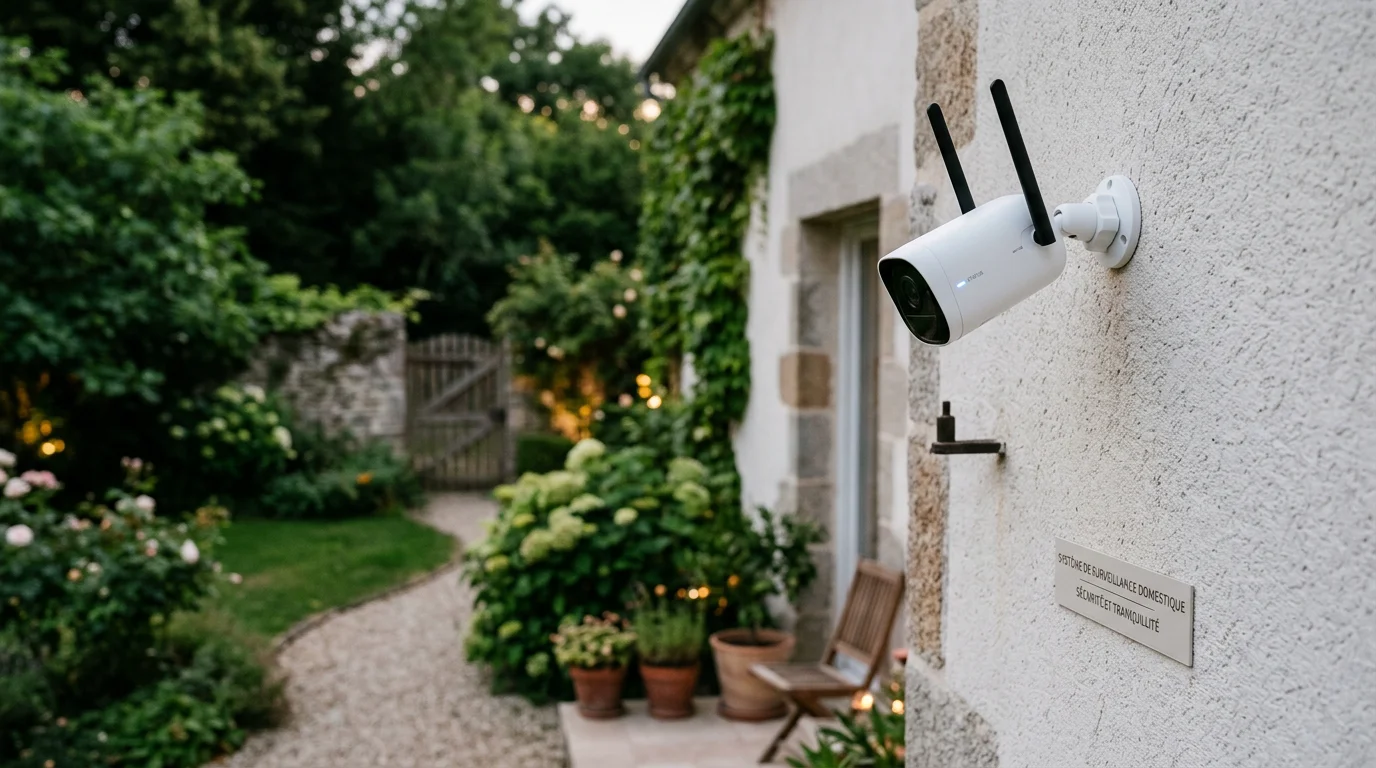 Caméra WiFi extérieure sans fil avec antennes installée sur la façade d'une maison