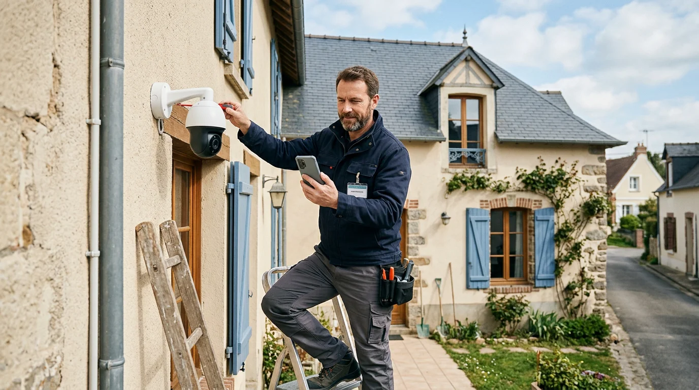 Technicien installant une caméra de surveillance extérieure et vérifiant le flux vidéo sur smartphone